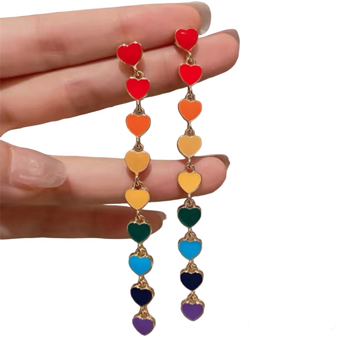 GoedeDoelen.Shop | Oorbellen String Of Hearts | Goudkleurige Oorbellen | Oorstekers | Regenboog Oorbellen | Hangerlengte: 9 CM | Hartjes | Hearts | Love Is Love | Pride | Rainbow | LGBTQ | Statement Oorbellen | Unisex | Wellness-House