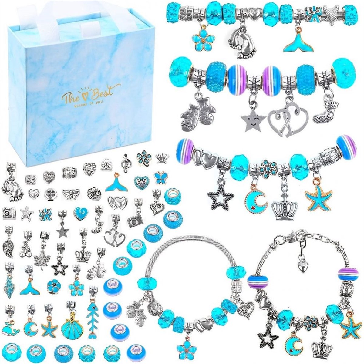 64-delige Sieraden Maakset voor Meisjes 6-12 Jaar – Verstelbare Armbanden, Bedels & Kralen – DIY Armband Maakpakket met Geschenkdoos