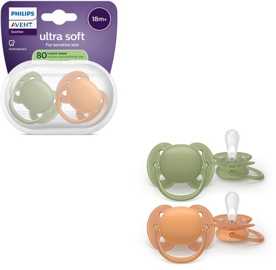 Twee Philips Avent fopspeentjes (18m+) in zacht groen en perzik. Twee stuks in verpakking, twee los.