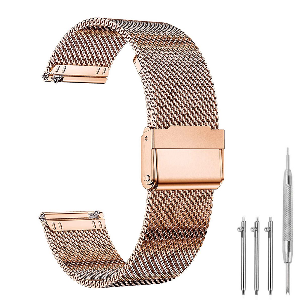 Premium Milanese Mesh Horlogeband - 18mm - Roestvrijstalen RVS Band Met Interlock Veiligheidssluiting - Universeel Verstelbaar Polsbandje (167-252mm) - Geschikt Voor Smartwatch Traditioneel Horloge - Roségoud - Incl. Snelsluiting En Gereedschap