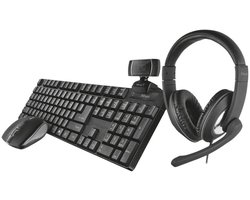Trust Qoby Set de Office Home en 1 : Ensemble de bureau 4 en 1 Qoby - Ensemble clavier, souris, casque et webcam - Italien - Zwart