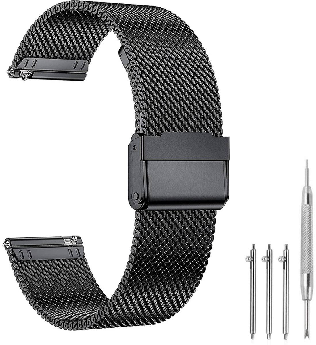Premium Milanese Mesh Horlogeband - 18mm - Roestvrijstalen RVS Band Met Interlock Veiligheidssluiting - Universeel Verstelbaar Polsbandje (167-252mm) - Geschikt Voor Smartwatch Traditioneel Horloge - Zwart - Incl. Snelsluiting En Gereedschap