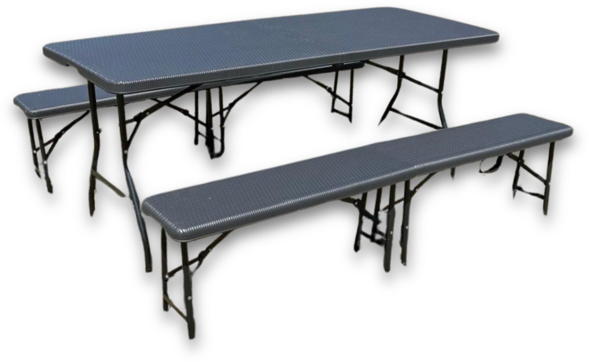 Rijoka Inklapbare Picknicktafel - Rattan Design - Klaptafel met 2 Klapbanken - Biertafel 6 tot 8 personen - Draagkracht 150kg - Taupe