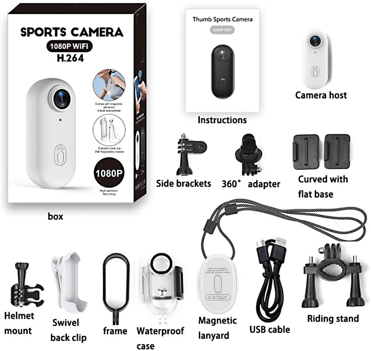 Mini-Sportcamera 1080p Formaat Inch Met 360 Graden Draaibare Clip en Magnetische Clip, Actiecam, POV-Opname, Handsfree, Draagbare Camera, Vlogging 120° Voor fiets, Motorfietsen, Audio- en-（Wit） thumbnail 2