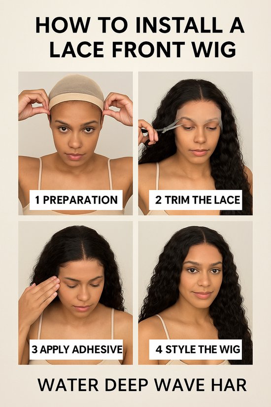 Stappenplan voor het aanbrengen van een lace front pruik: voorbereiding, trimmen, lijm aanbrengen, stylen.