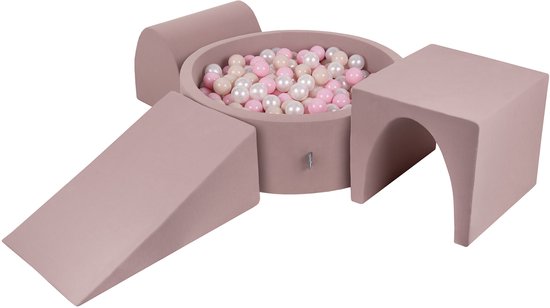 KiddyMoon Foam speeltuin PPZP-OK30D-124 met ballen heide: pastelbeige-poederroze-perplex 200 zwembad/club L/kamer/tunnel