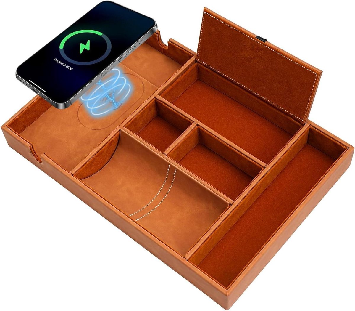Draadloze Oplaadlade met Meerdere Compartimenten en Oplaadstation - Bureau of Nachtkastje Organizer - Bruin - Opbergplek voor Telefoon, Portemonnee, Sleutels, Bril en Horloges