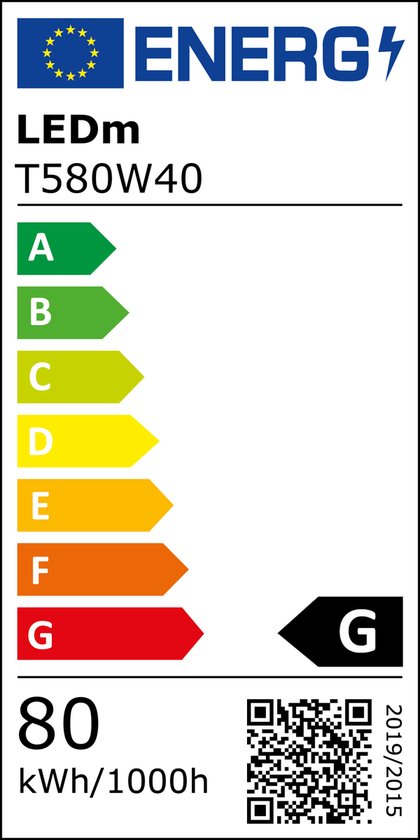 Energie-etiket met klasse G voor de LEDm T580W40, 80 kWh/1000h.