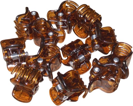 Une pile de dix petites pinces à cheveux marron transparent, chacune avec un ressort métallique argenté.