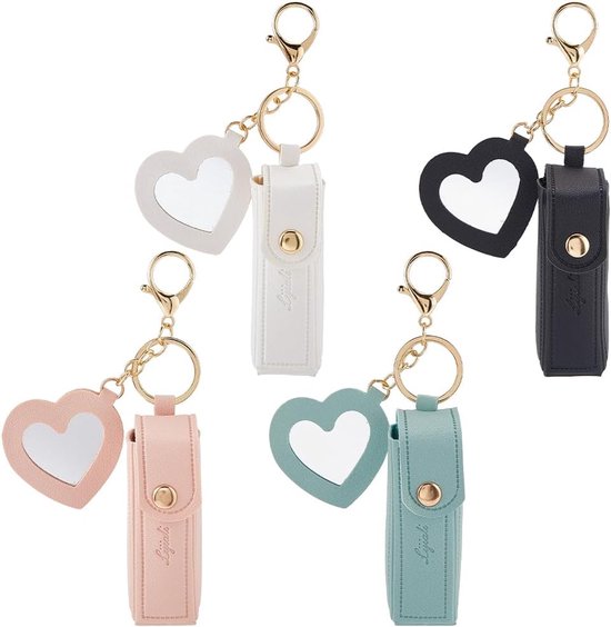 Foto: 1 doos met 4 kleuren sleutelhanger met lippenstifthouder lederen sleutelhanger met spiegel kleine sleutelhanger van pu leer voor lippenbalsem draagbare opslag van make up sleutelhanger voor dames