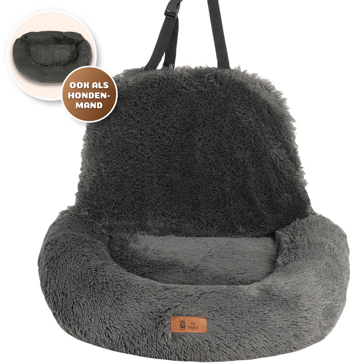 Pet Perfect Fluffy Autostoel Hond – Hondenmand Auto – Honden Autostoel - Automand Hond - Wasbaar – Grijs - 2-in-1 - Medium