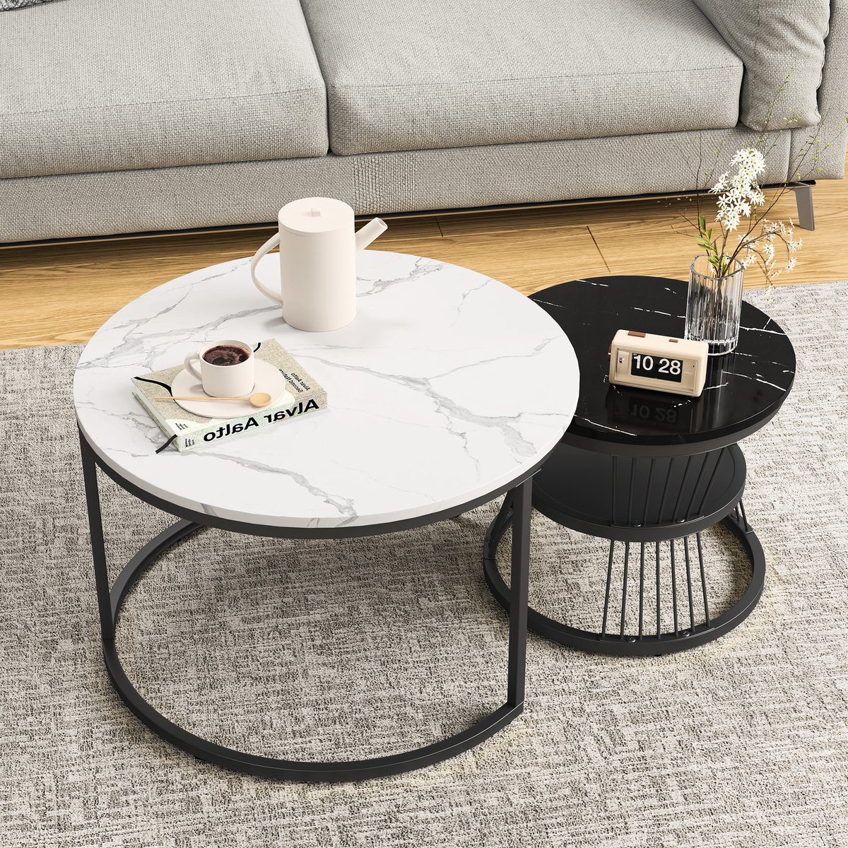 Set van 2 Ronde Salontafels 70/45 cm, Moderne Salontafels, Marmeren Bijzettafel voor Woonkamer, Balkon en Kantoor, Goud en Zwart-wit