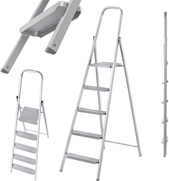 KADAX Eenzijdige stalen ladder met antislipvoeten, trapladder, ladder met plank, trapladder, vouwladder, huishoudladder met brede treden (3 treden
