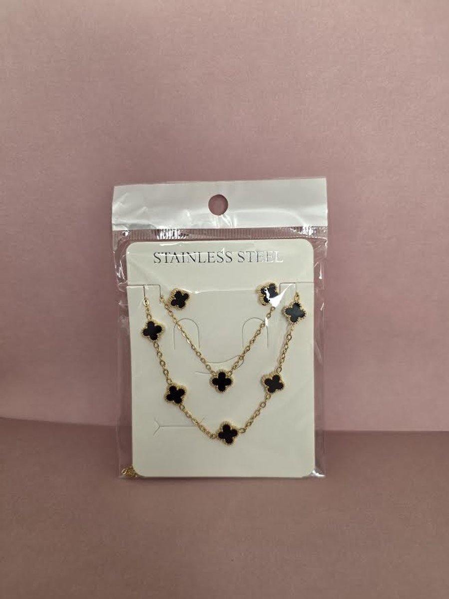 EHH Beauty- Zwarte Klaver Sieraden set – Ketting, Armband & Oorbellen –9mm - Goudkleurig – Gelukssymbool – Cadeau voor Vrouwen