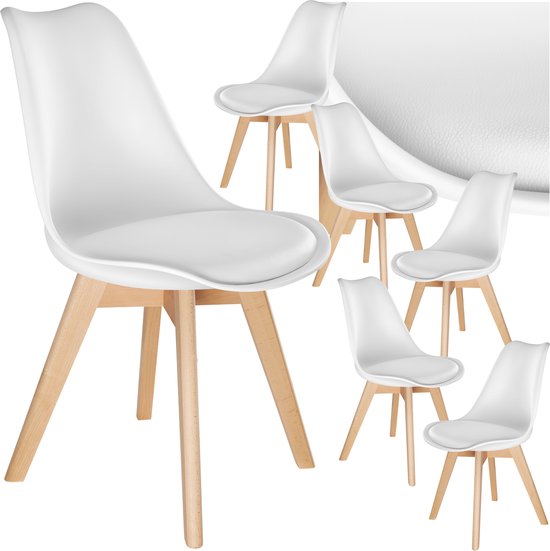 Chaise de salle à manger Tectake® Frederikke - Set de 6 Chaises de salle à manger avec assise en Tissus rembourré - Pieds en bois Massief - Chaises ergonomiques pour salon, salle à manger, chambre et Cuisine - Charge maximale 120 kg - Wit