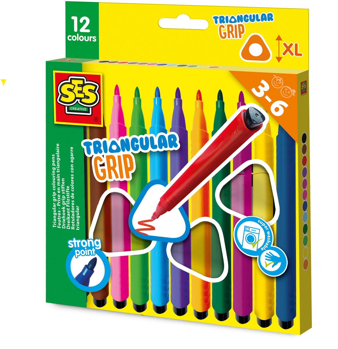 SES- Ik Leer - Driehoek Grip Stiften - ergonomische grip - dikke stiften - goed uitwasbaar - heldere kleuren - 12 stiften - Stiften kinderen