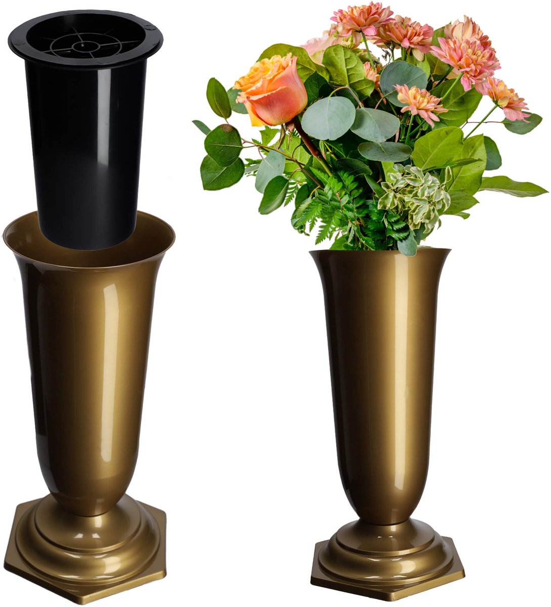KADAX Grafvaas, vaas van kunststof, bloemenvaas, kunststof vaas voor bloemen, weerbestendige begraafplaats-vaas, vorstbestendige steekvaas voor graf, weerbestendige grafdecoratie (15 cm, goud)