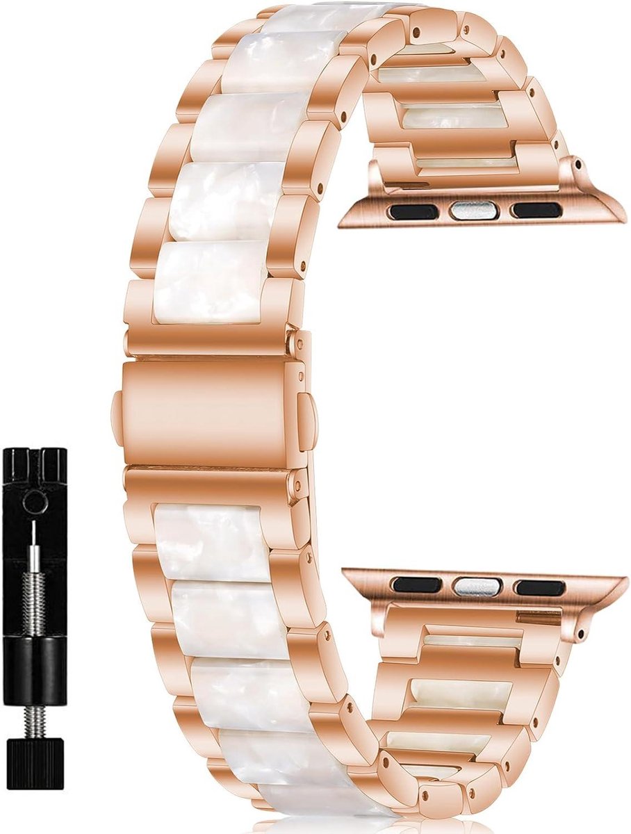 Allecto Premium - Metalen armband voor Apple Watch 38-42 mm - Roze-witte horlogeband van kunsthars en roestvrij staal - Serie 10 - Passend voor 38-42 mm modellen