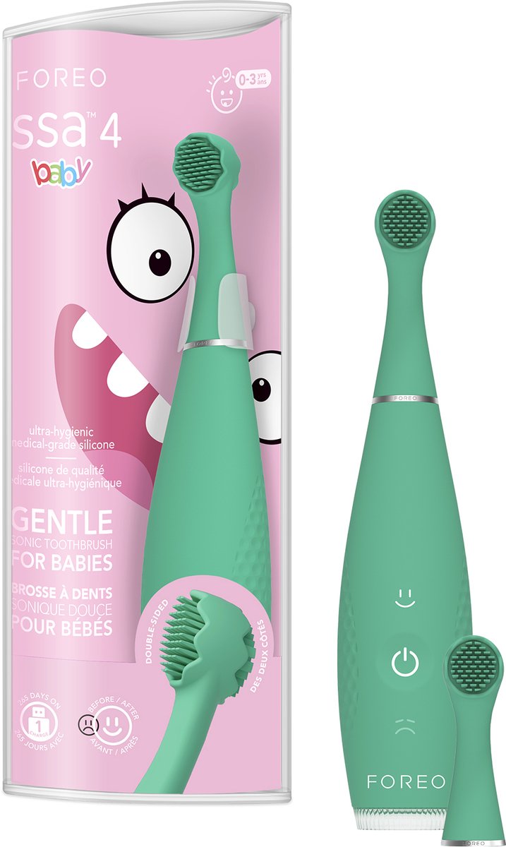 FOREO issa 4 baby – Silicium sonische tandenborstelset voor baby's, met dubbelzijdige haren, glimlachfunctie, tandvleesmassage, 12 maanden zorg met extra kop, 240 dagen batterij, reisdicht - Kiwi Green