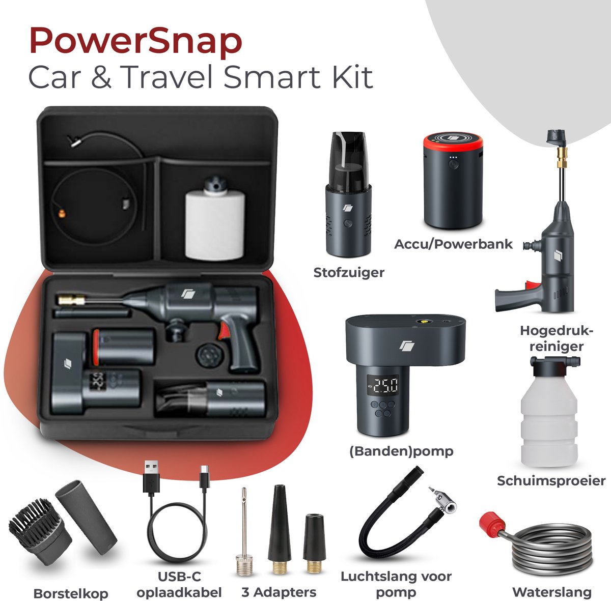 Caliber Car & Travel Kit - Draadloze Hogedrukreiniger - 15.000 mAh Accu - 19000PA Kruimeldief - Bandenpomp - Werkt met PowerSnap Accu Platform (CPS-SET-01-PRO)
