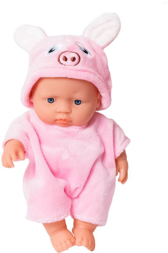 Babypop in een roze varkenspakje met capuchon en oortjes, staand.