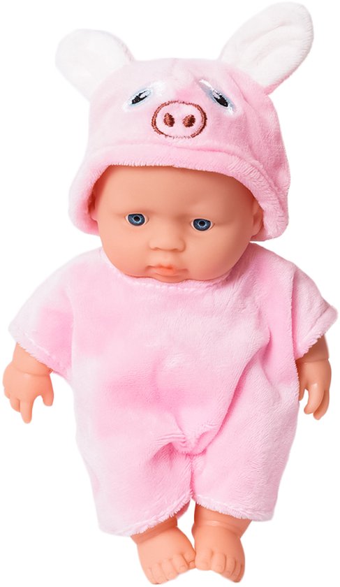 Babypop in een roze varkenspakje met capuchon en oortjes, staand.