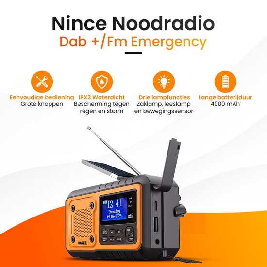 Nince Noodradio DAB+ Solar Opwindbaar - Draagbare Radio met Bluetooth - Powerbank & Zaklamp - Noodradio Op Batterijen en USB-C - Voor Noodsituaties & Kamperen