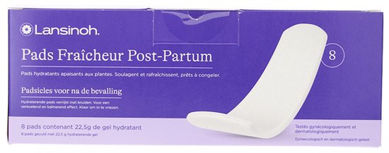 Lansinoh Pads Fraîcheur Post-Partum in een rechthoekige paarse doos.