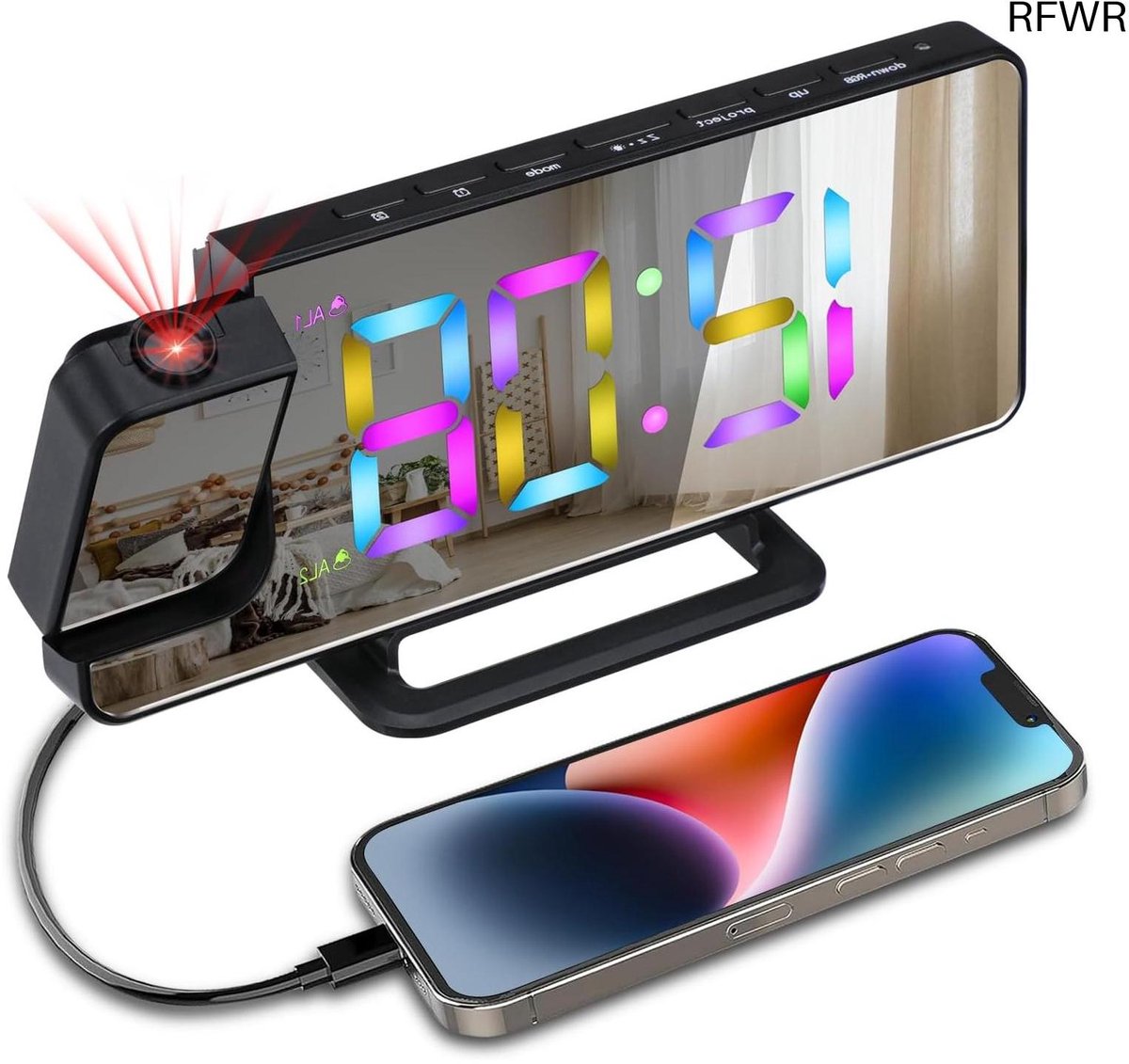 RFWR® Digitale bedwekker met projector en LED-display - 180 graden draaibaar, 6 helderheidsniveaus, sluimerfunctie