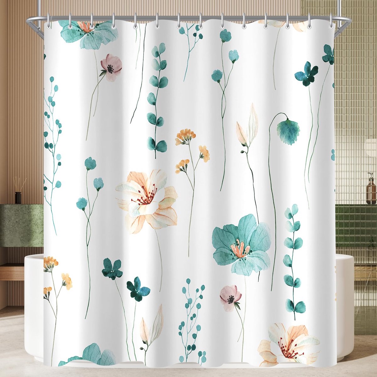 Ibenzoa® Verzwaarde Schimmelwerende Douchegordijn met Groenblauw Bloemmotief en Waterafstotende Coating