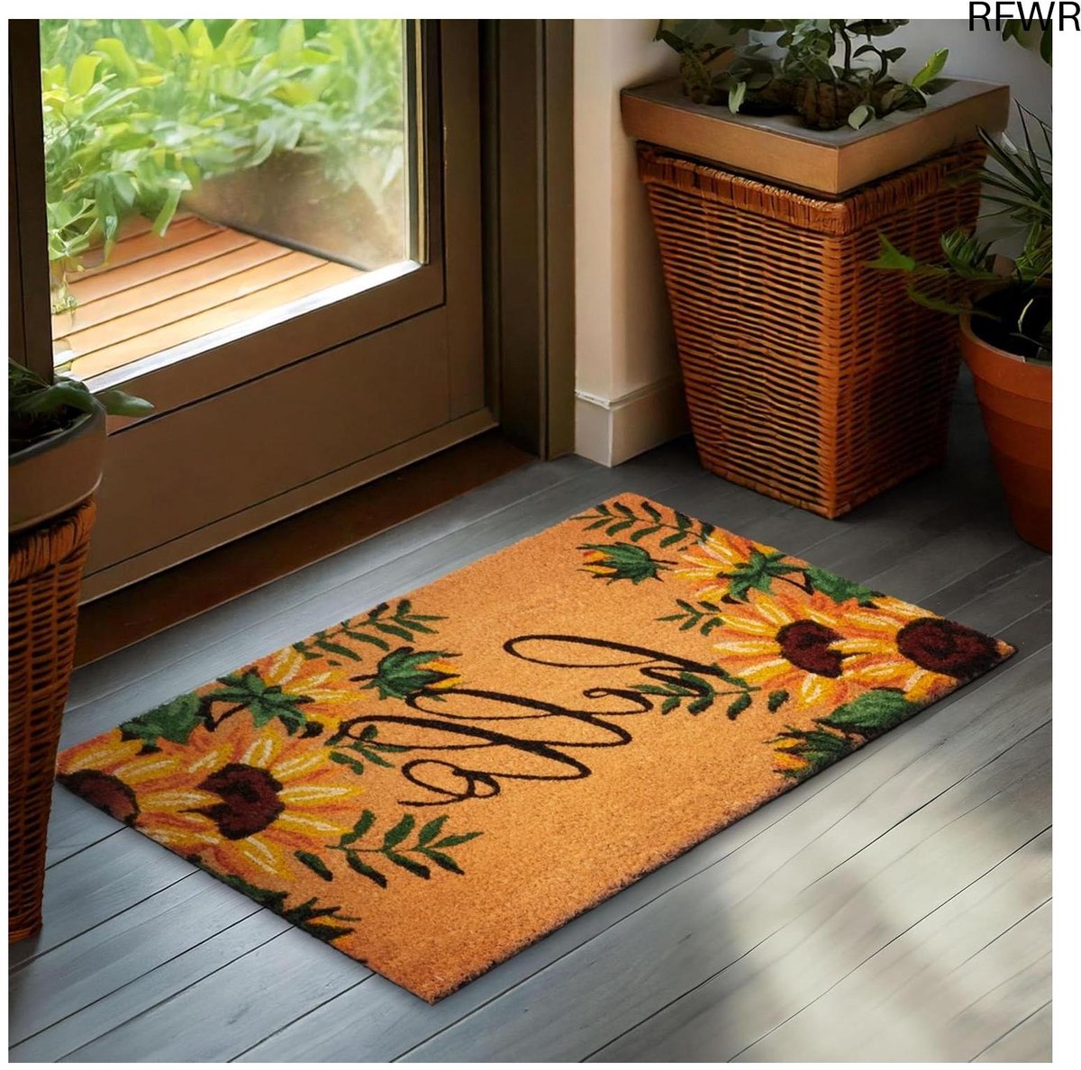 RFWR Deurmat voor Binnen en Buiten - 45x75 cm Kokos Vuilvangmat met Zonnebloemen - Weerbestendige en Slipvaste Entree Mat Hello - Zonnebloemen