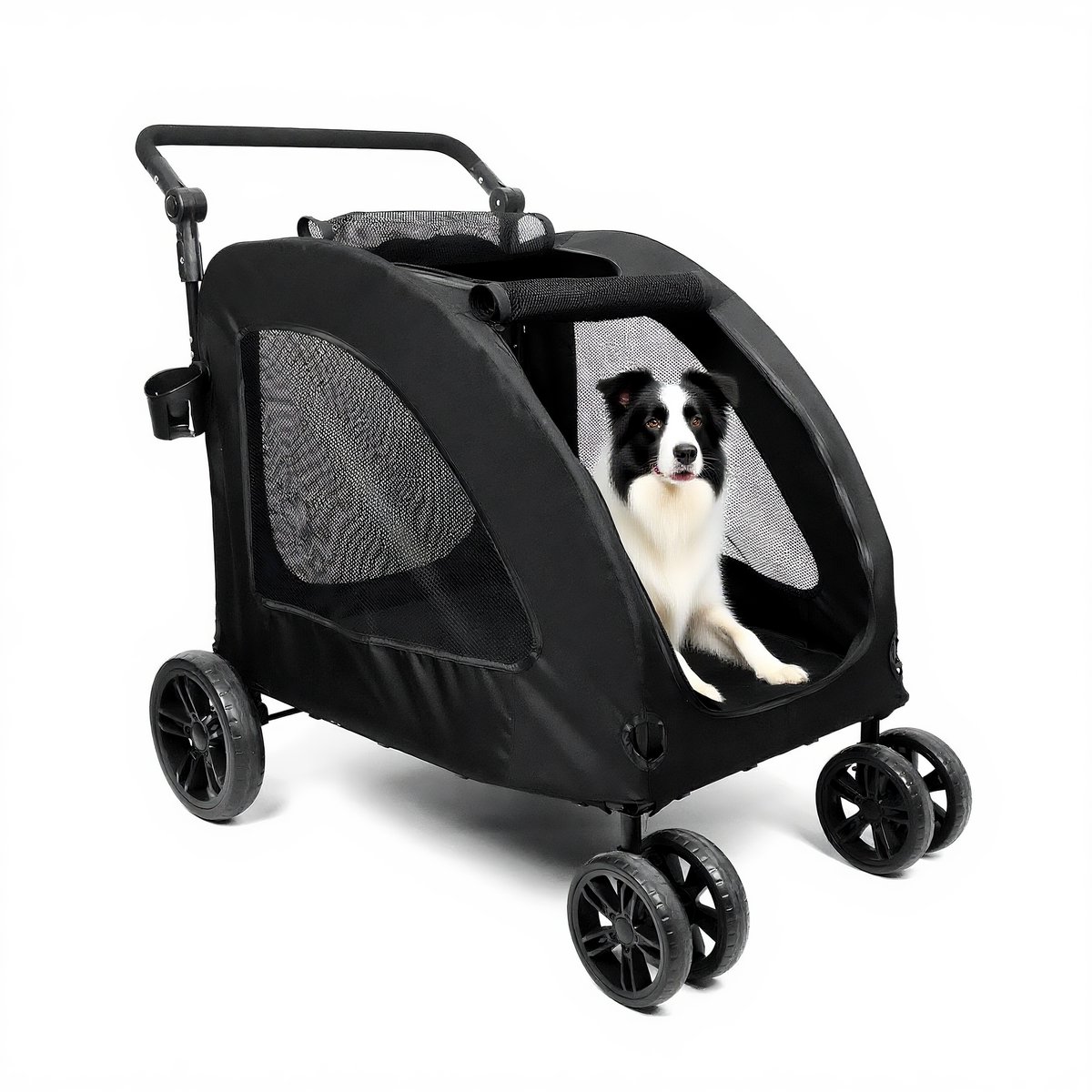 Grote Hondendriewieler, Verwijderbaar Kussen Verstelbaar Handvat Opvouwbare 4-Wielige Huisdierenwagen, Voor- en Achteringang voor Hondenkar tot 60 kg of 2 Middelgrote Honden (Zwart)