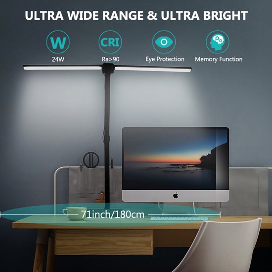 Rosnek Bureaulamp - 24W Bureaulamp LED Dimbaar met Dubbele Kop - Flexibele zwanenhalslamp Bureaulamp met Klem - 5 Dimniveaus & 5 Kleurtemperaturen Bureaulamp met afstandsbediening (3200-6500K) - Hoge Tafellamp voor Thuis, Kantoor, Lezen en Studeren van Rosnek — afbeelding 4
