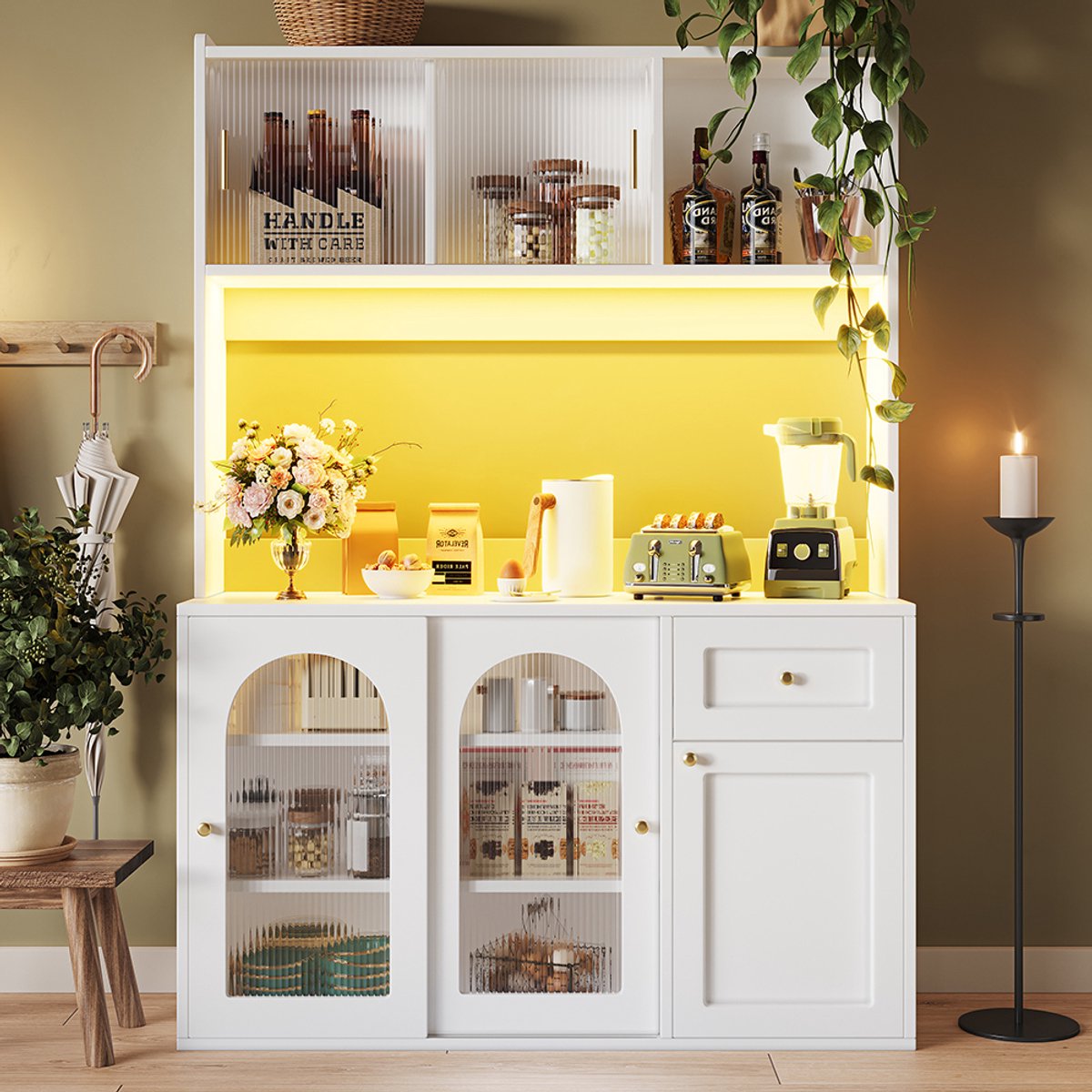 Pugsdrly Keukenkast, hoge kast, vitrinekast, buffetkast met verstelbare legplanken, eetkamerkast, buffetkast met ledverlichting, wit