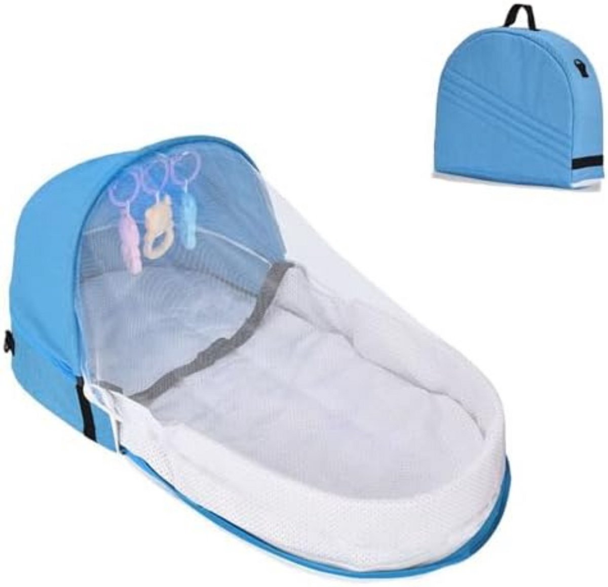 Draagbare Babywieg - Opvouwbaar Reisbedje - Baby Campingbedje - Met Speeltjes - Klamboe & Zonnekap - Lichtgewicht Babybed - 0-10 Maanden - Baby Nest Voor Buiten & Binnen - Makkelijk Mee Te Nemen - Blauw - 80x40x45 cm