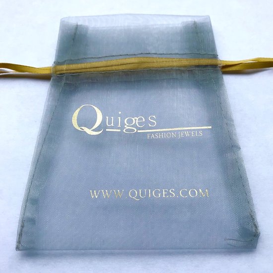 Grijs organzazakje met goudkleurige opdruk 'Quiges Fashion Jewels' en 'www.quiges.com'.