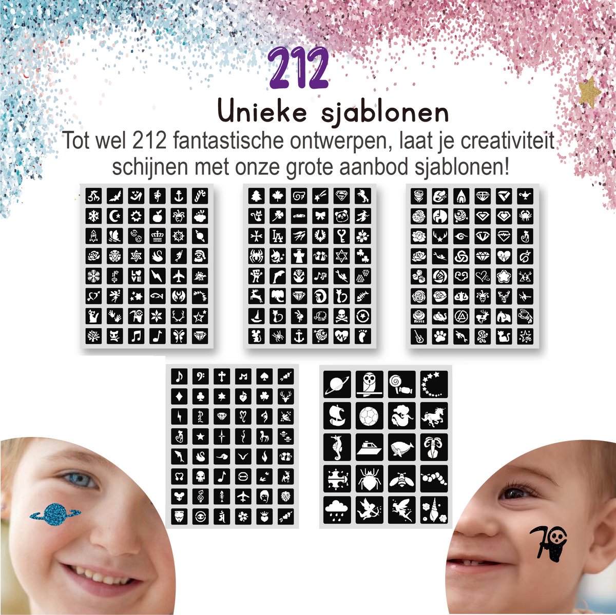 Craftiverse - Glitter Tattoo Set Compleet - 212 Sjablonen - 30 kleuren - Biologisch Afbreekbare Glitters - Schmink Sjablonen - Knutselpakket - Knutselen voor Kinderen - Huidlijm Voor Glitters - Kinderen - Jongens en Meisjes - Inclusief Handleiding — afbeelding 3