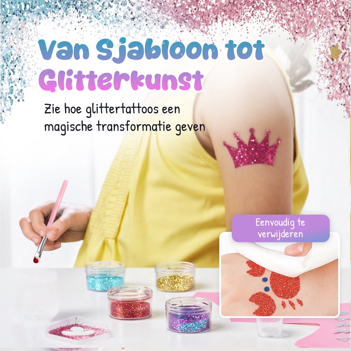 Craftiverse - Glitter Tattoo Set Compleet - 212 Sjablonen - 30 kleuren - Biologisch Afbreekbare Glitters - Schmink Sjablonen - Knutselpakket - Knutselen voor Kinderen - Huidlijm Voor Glitters - Kinderen - Jongens en Meisjes - Inclusief Handleiding — afbeelding 5