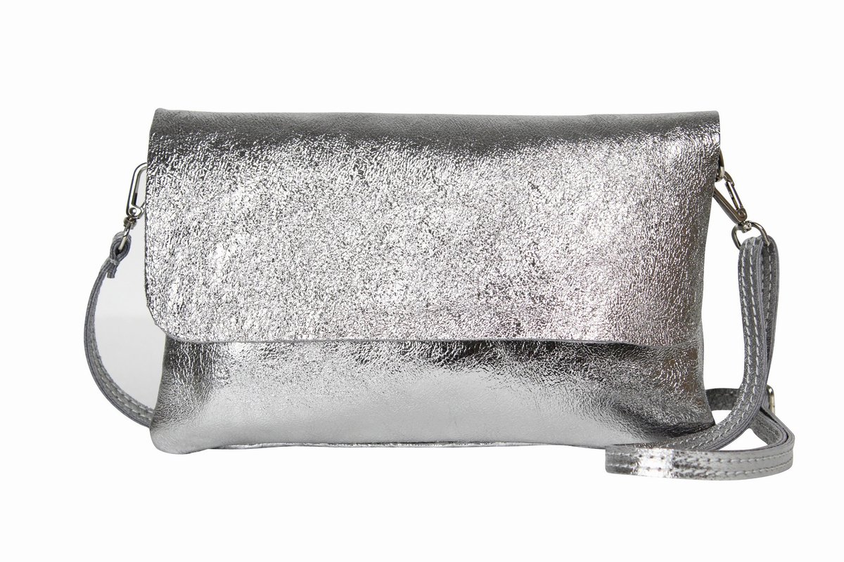 AmbraModa GLX11 - Crossbodytas, Clutch, telefoontas van echt leer met afneembaar en verstelbare schouderriem, passend voor mobiele telefoons en tablets tot 7 inch. Metallicgrijs