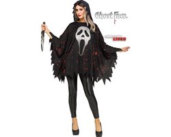 Fun World Ghostface Scream Kostuum Halloween Cape met Capuchon Ghostface Kostuum Halloween Kostuum Volwassenen - Officiële Licentie - Zwart - 1-Delig Poncho met Capuchon - Unisex - One Size (S-M-L) - Mes Niet Inbegrepen