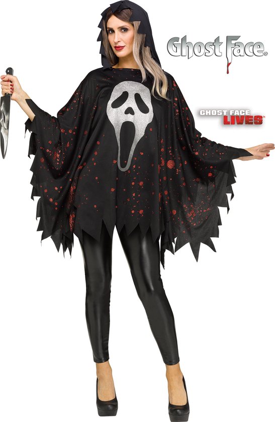Fun World Ghostface Scream Kostuum Halloween Cape met Capuchon Ghostface Kostuum Halloween Kostuum Volwassenen - Officiële Licentie - Zwart - 1-Delig Poncho met Capuchon - Unisex - One Size (S-M-L) - Mes Niet Inbegrepen