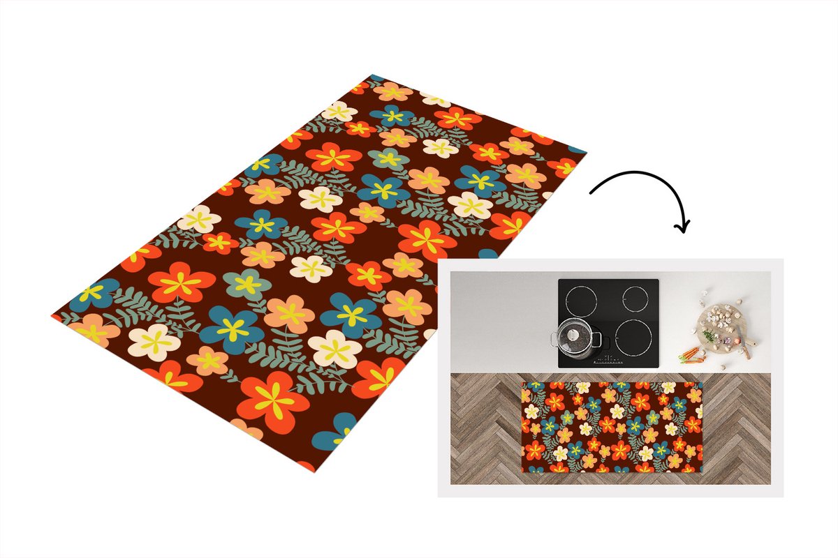 Keukenloper 120x60 cm - Keukenmat vinyl Retro - Patronen - Bloemen - Jaren 70 - Keukenmatten loper - Keuken vloerkleed tapijt