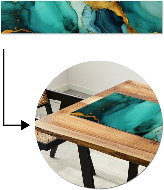 Foto: Tafelloper 200x40 cm tafelmat vinyl marmer goud blauw groen abstract turquoise tafeldecoratie tafelversiering keuken decoratie tafel versiering