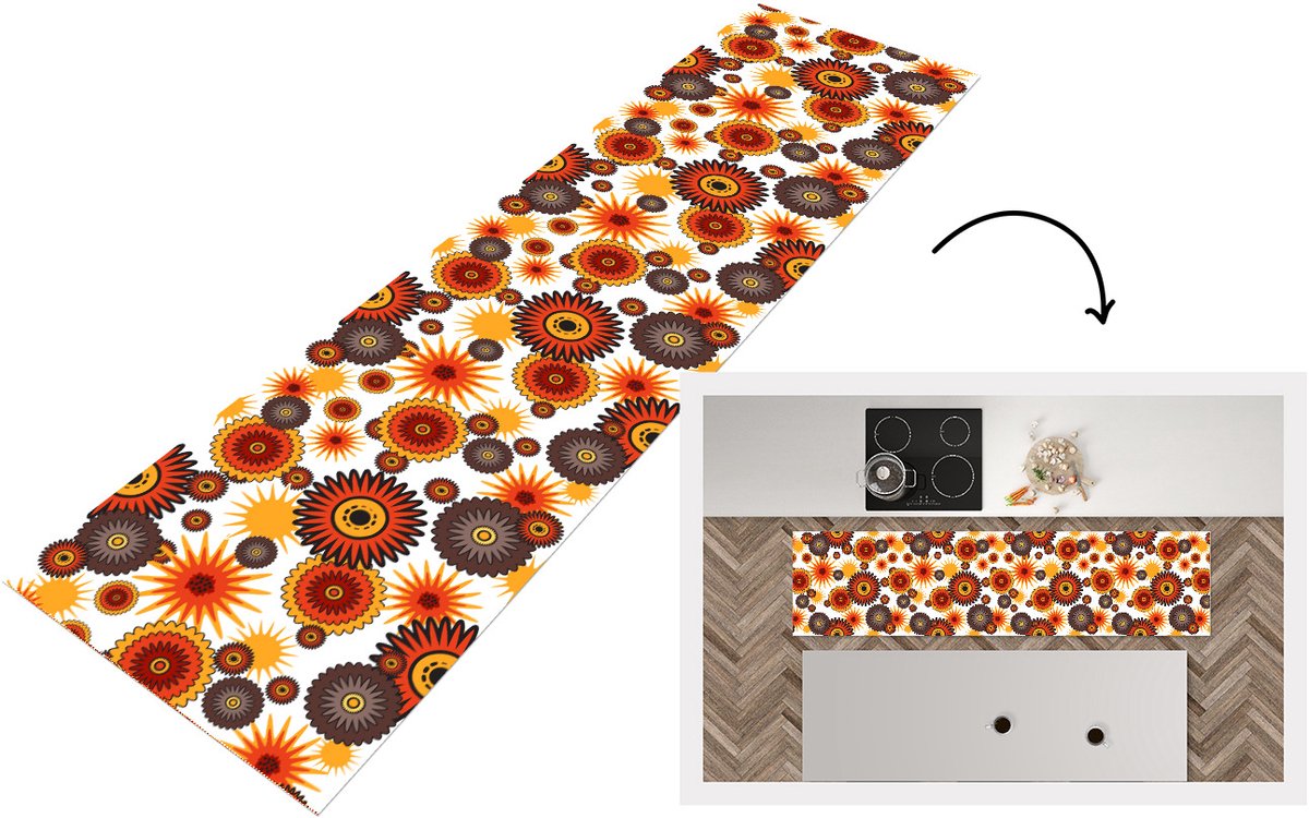KitchenYeah Keukenloper - Keukenmat vinyl Design - Retro - Oranje - Bloemen - Keukenmatten loper - Keuken vloerkleed tapijt, foto 3