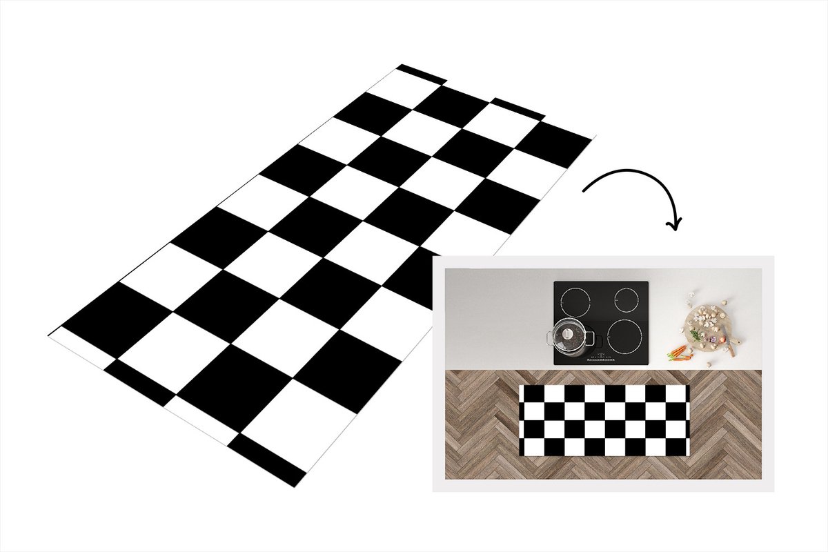 KitchenYeah Keukenloper 120x50 cm - Keukenmat vinyl Schaakbord - Patronen - Zwart Wit - Keukenmatten loper - Keuken vloerkleed tapijt