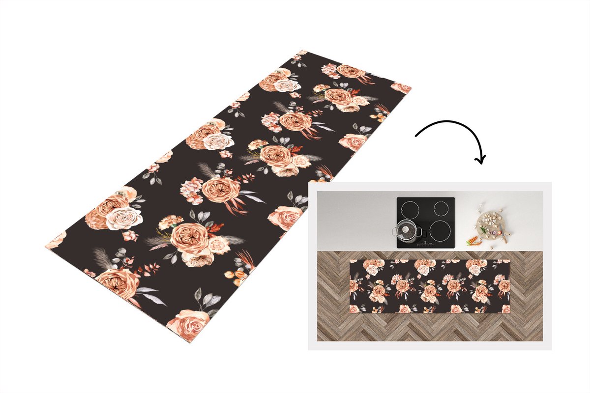 KitchenYeah Keukenloper 180x60 cm - Keukenmat vinyl Patronen - Rozen - Zwart - Keukenmatten loper - Keuken vloerkleed tapijt