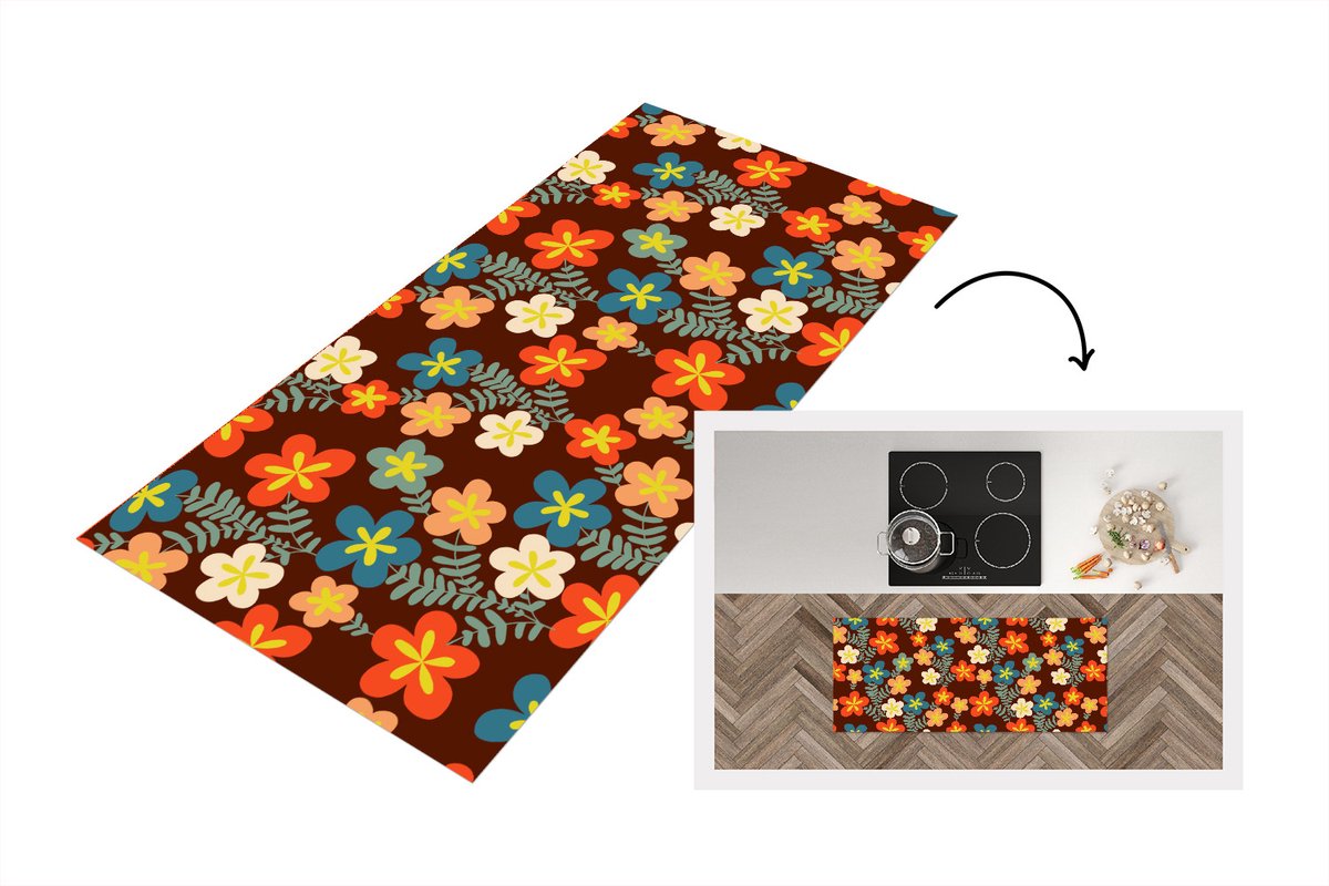 KitchenYeah Keukenloper 120x50 cm - Keukenmat vinyl Retro - Patronen - Bloemen - Jaren 70 - Keukenmatten loper - Keuken vloerkleed tapijt
