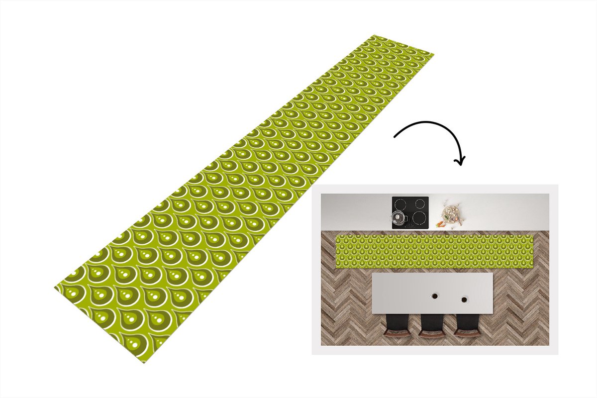 KitchenYeah Keukenloper 360x60 cm - Keukenmat vinyl Patronen - Retro - Regen - Druppel - Groen - Keukenmatten loper - Keuken vloerkleed tapijt
