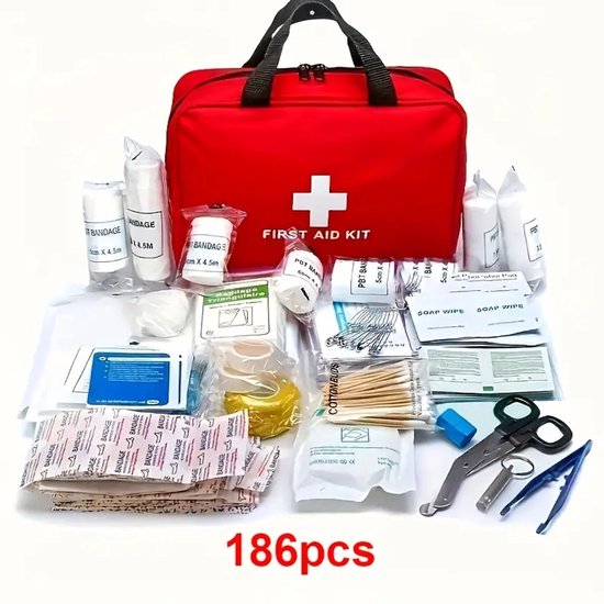 186-delig - Verbanddoos voor thuis, kantoor en in de auto - Verbandtas set - Verbandtas - Verbandtas - Compleet noodpakket - EHBO tas - Verband opbergtas - Care tas - Travel first aid kit - rood EHBO KIT noodpakket FIRST AID