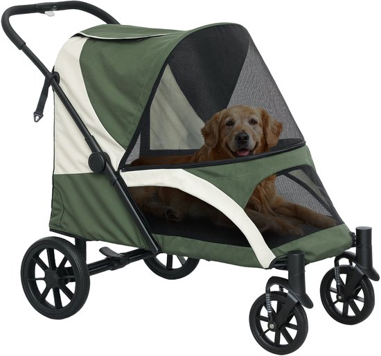 Foto: Pawhut hundewagen hundebuggy klappbar f r gro e hunde katzen bis 30 kg katzenbuggy mit kissen netzfenstern t ren aufbewahrungstasche katzenwagen mit sicherheitsleinen bremsen buggy dunkelgr n